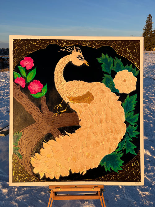 Golden Majesty Hand-Textured white peacock mixed media canvas