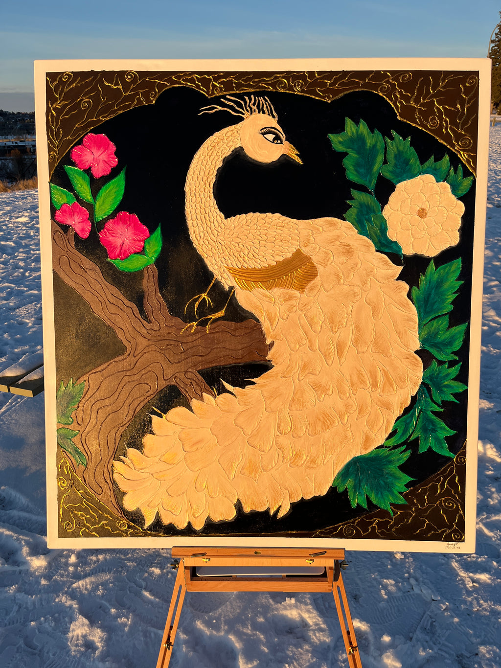 Golden Majesty Hand-Textured white peacock mixed media canvas